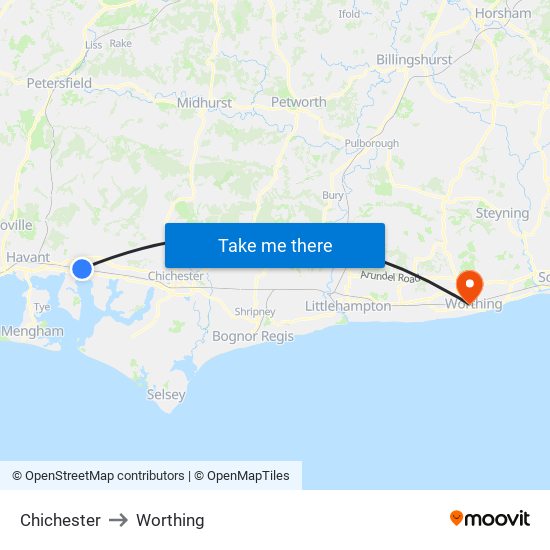 Chichester to Worthing map
