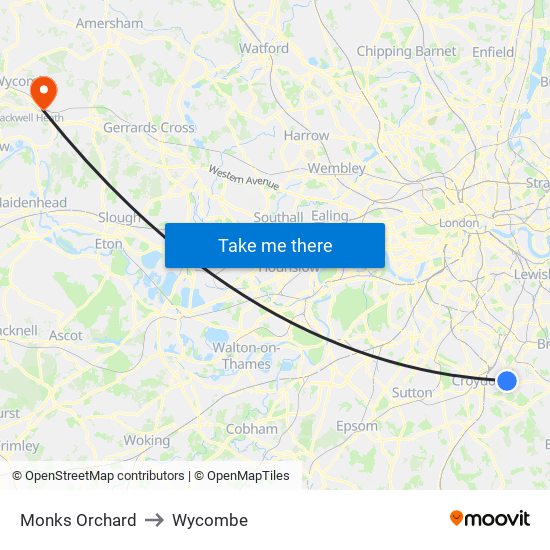 Monks Orchard to Wycombe map