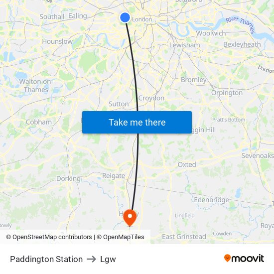Paddington Station to Lgw map