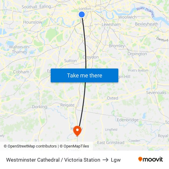 Westminster Cathedral / Victoria Station to Lgw map