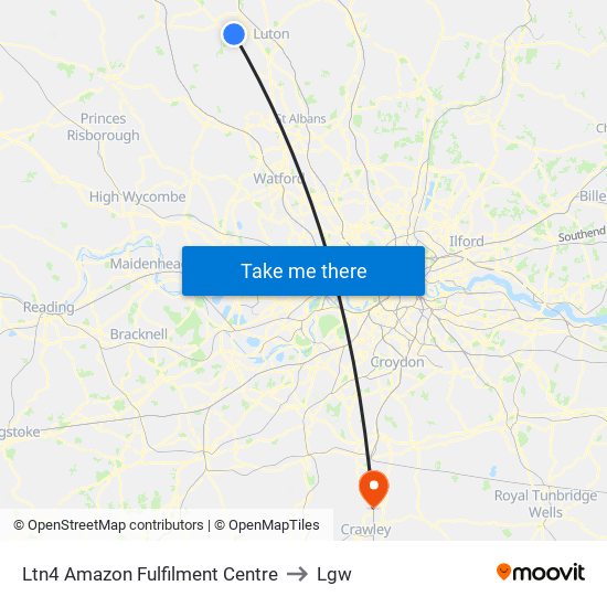 Ltn4 Amazon Fulfilment Centre to Lgw map