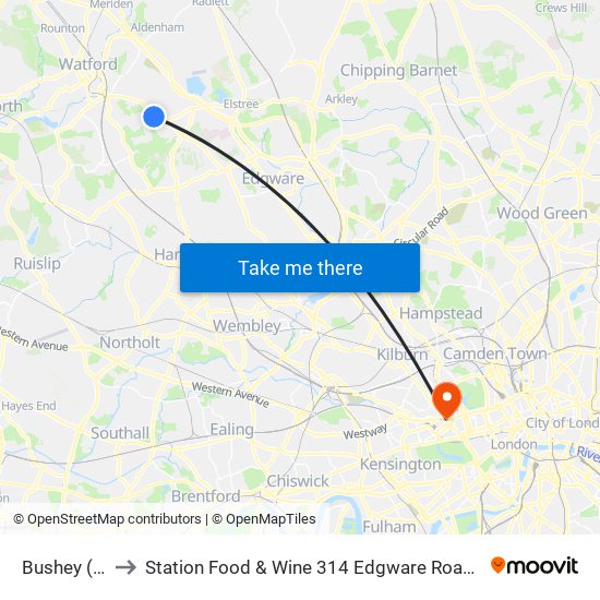 Bushey (Watford) to Station Food & Wine 314 Edgware Road, Paddington, London, W2   1dy map