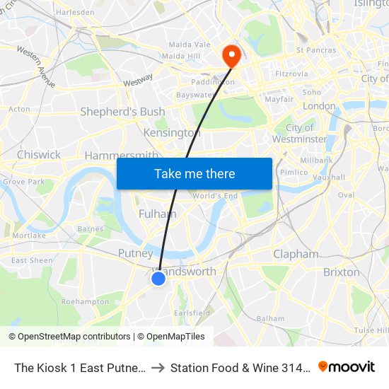 The Kiosk 1 East Putney Station Kiosk, Putney, London, Sw15 2rf to Station Food & Wine 314 Edgware Road, Paddington, London, W2   1dy map