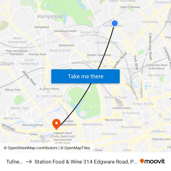 Tufnell Park to Station Food & Wine 314 Edgware Road, Paddington, London, W2   1dy map