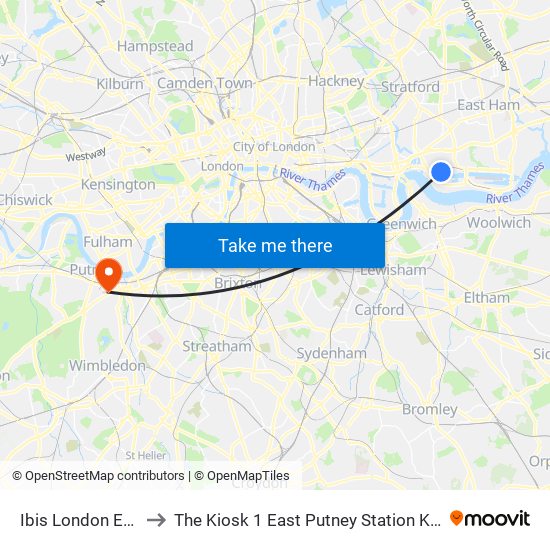 Ibis London Excel Docklands to The Kiosk 1 East Putney Station Kiosk, Putney, London, Sw15 2rf map