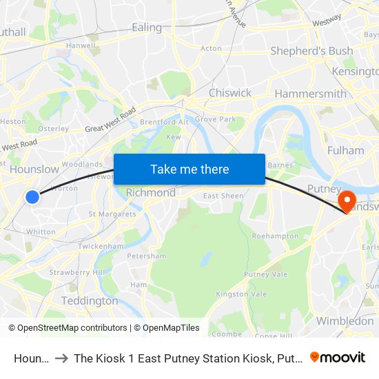 Hounslow to The Kiosk 1 East Putney Station Kiosk, Putney, London, Sw15 2rf map