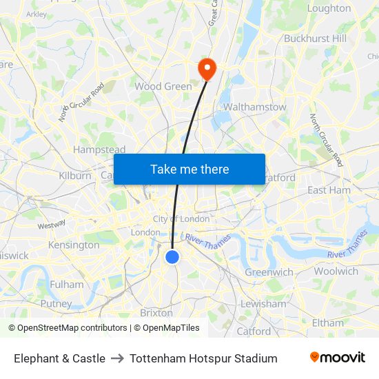 Elephant & Castle to Tottenham Hotspur Stadium map