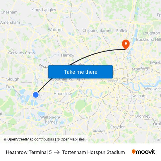 Heathrow Terminal 5 to Tottenham Hotspur Stadium map