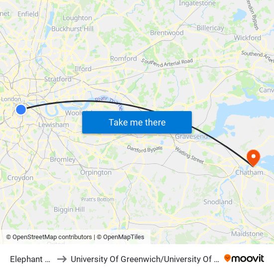 Elephant & Castle to University Of Greenwich / University Of Kent Medway Campus map