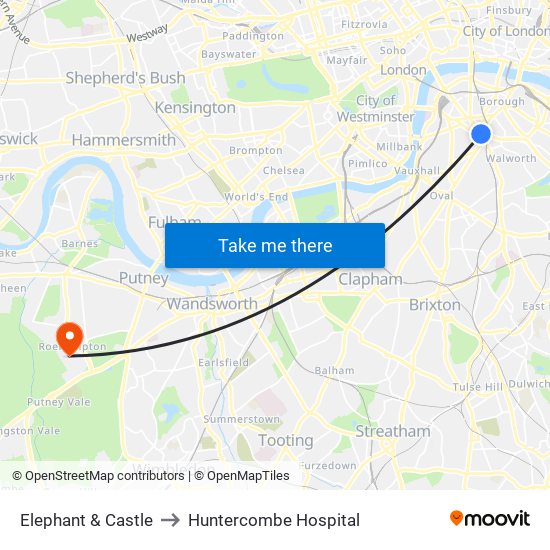 Elephant & Castle to Huntercombe Hospital map