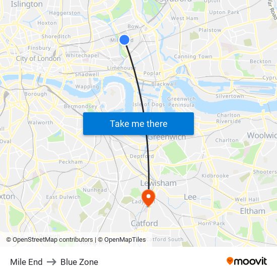 Mile End to Blue Zone map