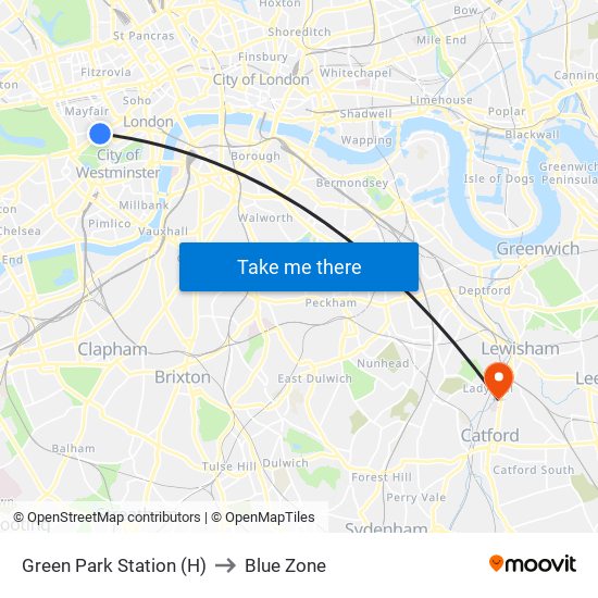 Green Park Station (H) to Blue Zone map
