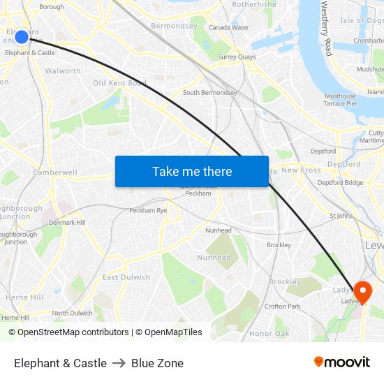 Elephant & Castle to Blue Zone map