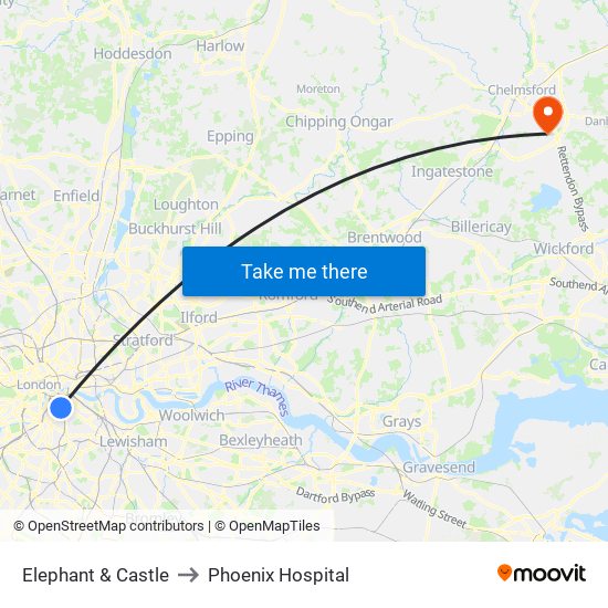 Elephant & Castle to Phoenix Hospital map