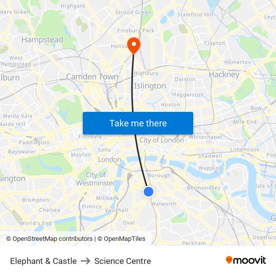 Elephant & Castle to Science Centre map