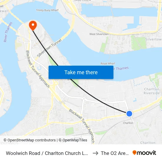 Woolwich Road / Charlton Church Lane to The O2 Arena map
