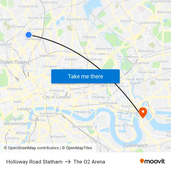 Holloway Road Statham to The O2 Arena map