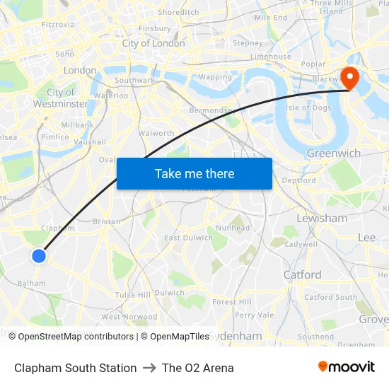 Clapham South Station to The O2 Arena map