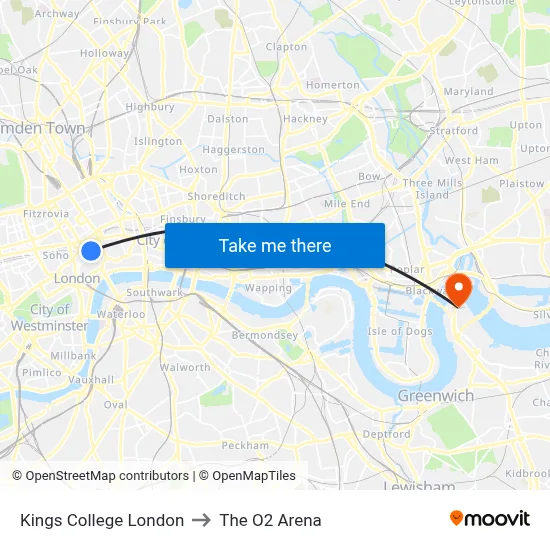 Kings College London to The O2 Arena map