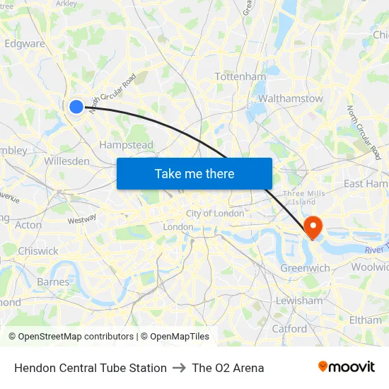 Hendon Central Tube Station to The O2 Arena map