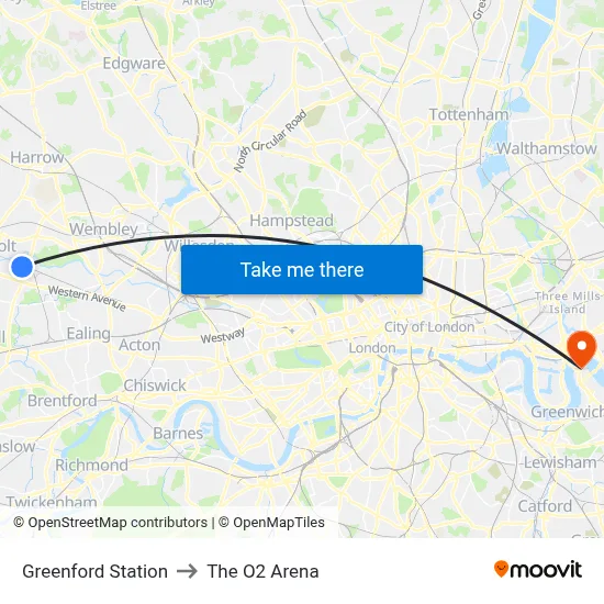 Greenford Station to The O2 Arena map