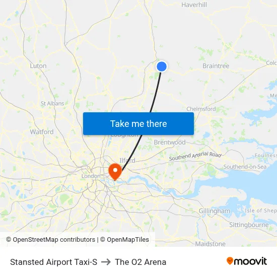 Stansted Airport Taxi-S to The O2 Arena map