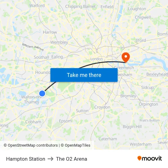 Hampton Station to The O2 Arena map