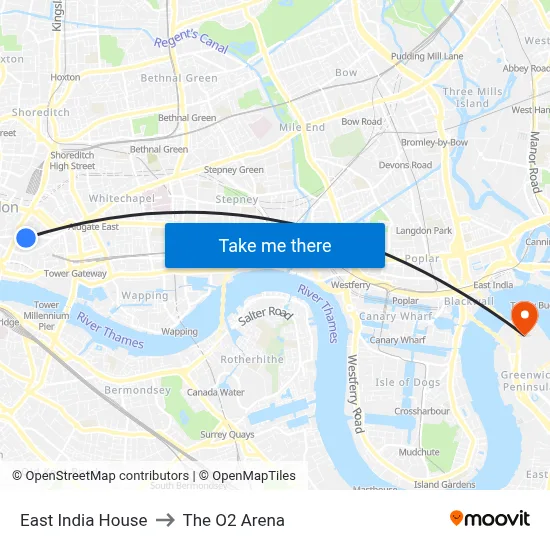 East India House to The O2 Arena map
