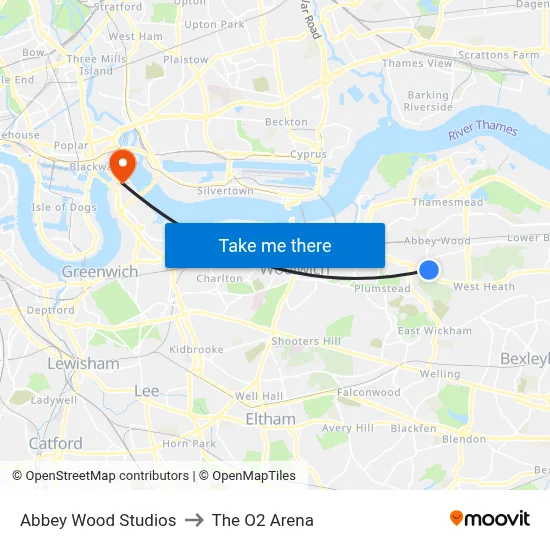 Abbey Wood Studios to The O2 Arena map