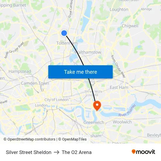 Silver Street Sheldon to The O2 Arena map