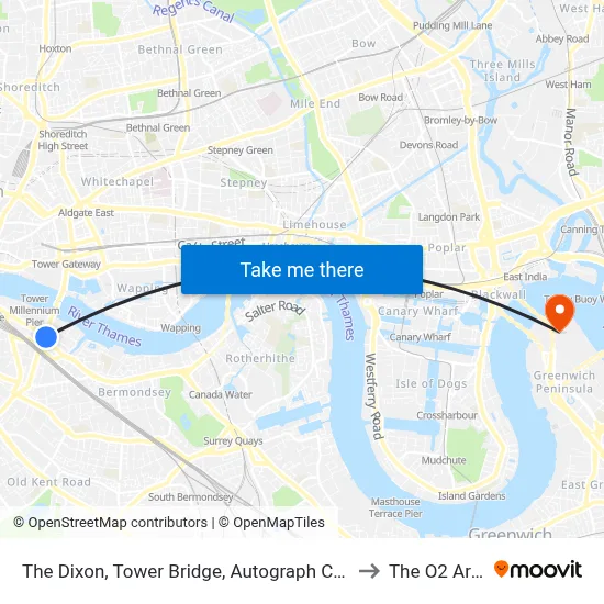 The Dixon, Tower Bridge, Autograph Collection, 211 Tooley Street Bermondsey London SE1 2 to The O2 Arena map