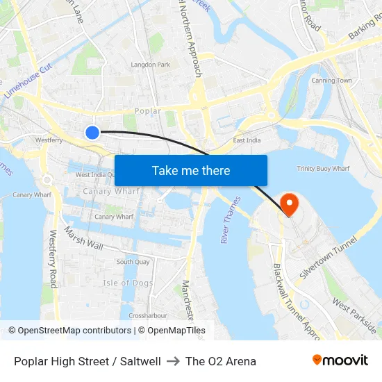 Poplar High Street / Saltwell to The O2 Arena map