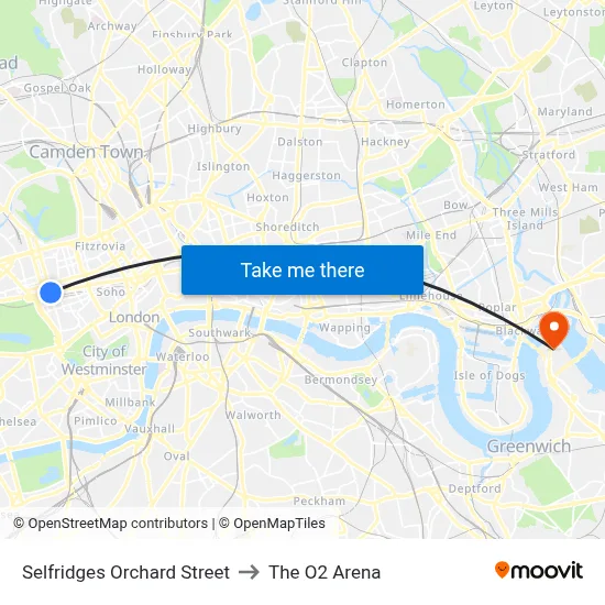 Selfridges Orchard Street, Marylebone Londra to The O2 Arena map