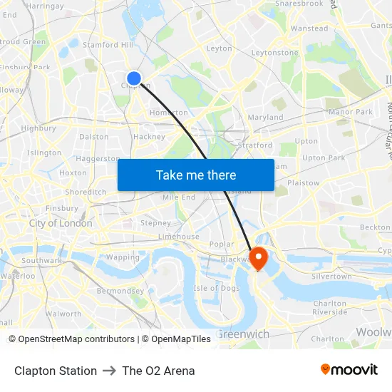 Clapton Station to The O2 Arena map