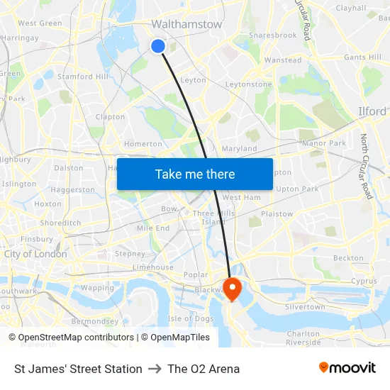 St James' Street Station, Walthamstow London to The O2 Arena map