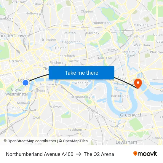Northumberland Avenue A400, Charing Cross London to The O2 Arena map