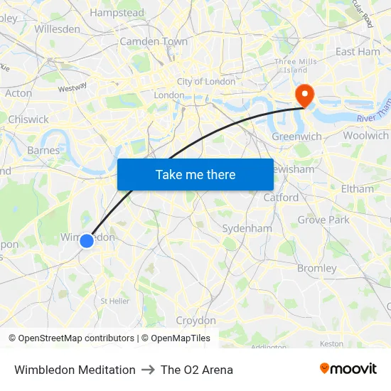 Wimbledon Meditation, 9 Compton Road Wimbledon Londra SW19 7QA to The O2 Arena map