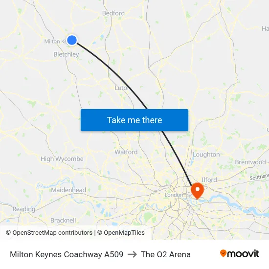 Milton Keynes Coachway A509 to The O2 Arena map