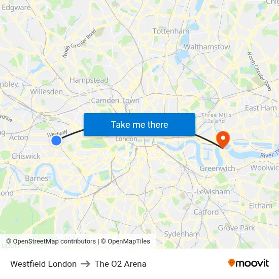 Westfield London to The O2 Arena map