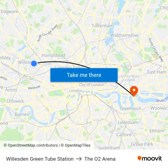 Willesden Green Tube Station to The O2 Arena map