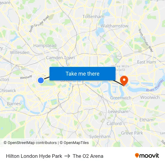 Hilton London Hyde Park to The O2 Arena map