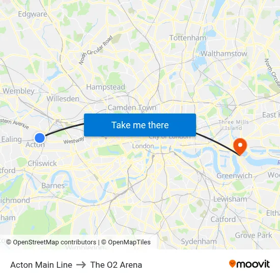 Acton Main Line to The O2 Arena map