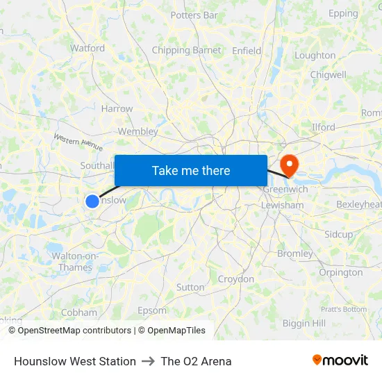 Hounslow West Station to The O2 Arena map