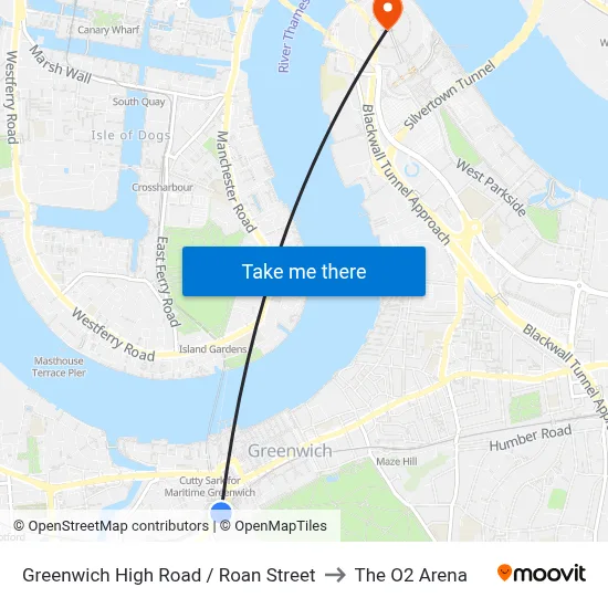Greenwich High Road / Roan Street to The O2 Arena map
