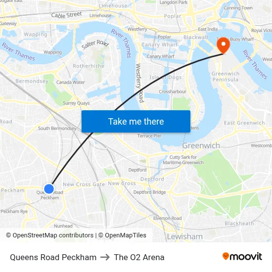 Queens Road Peckham to The O2 Arena map