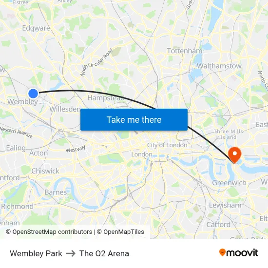 Wembley Park to The O2 Arena map