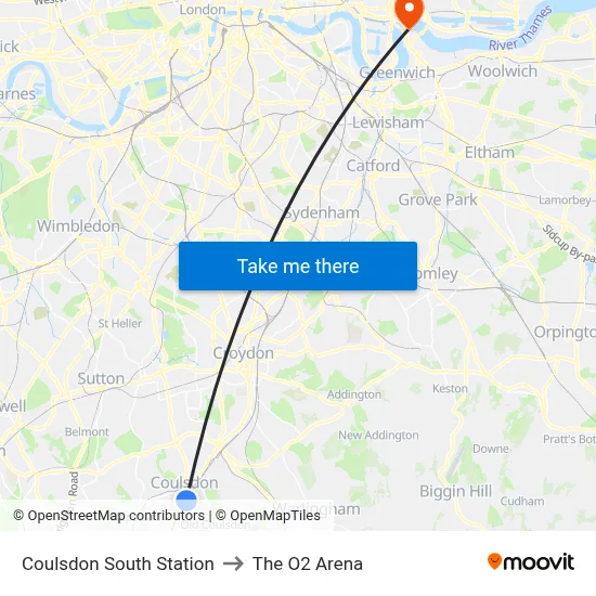 Coulsdon South Station to The O2 Arena map