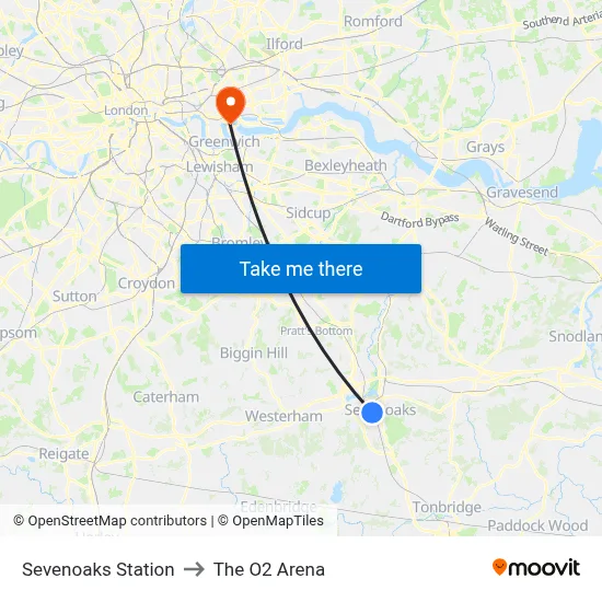 Sevenoaks Station to The O2 Arena map