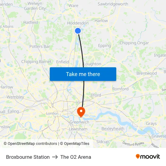 Broxbourne Station to The O2 Arena map