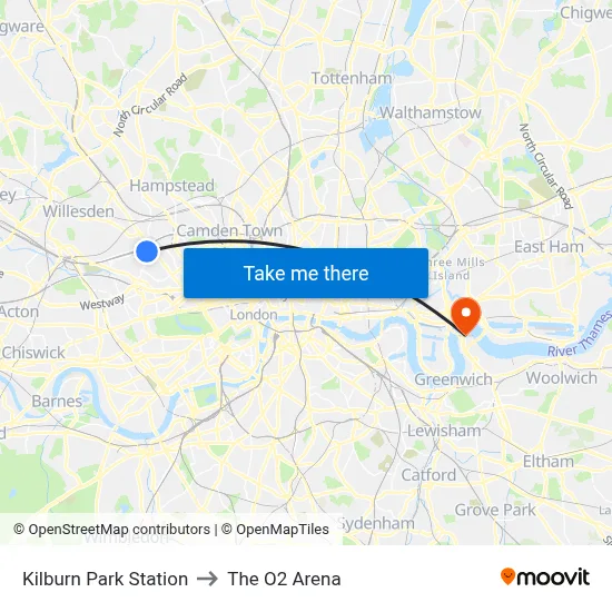 Kilburn Park Station to The O2 Arena map